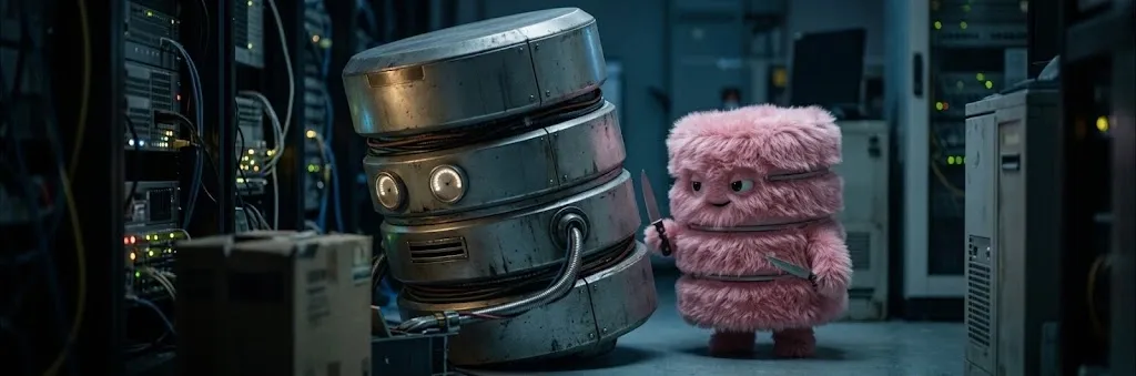 A small pink fluffy database replica sneaks behind a large metallic primary database with a knife in a dim server room.