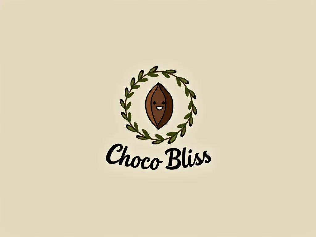 logo design for Choco Bliss featuring a smiling cocoa pod surrounded by a leafy wreath on beige