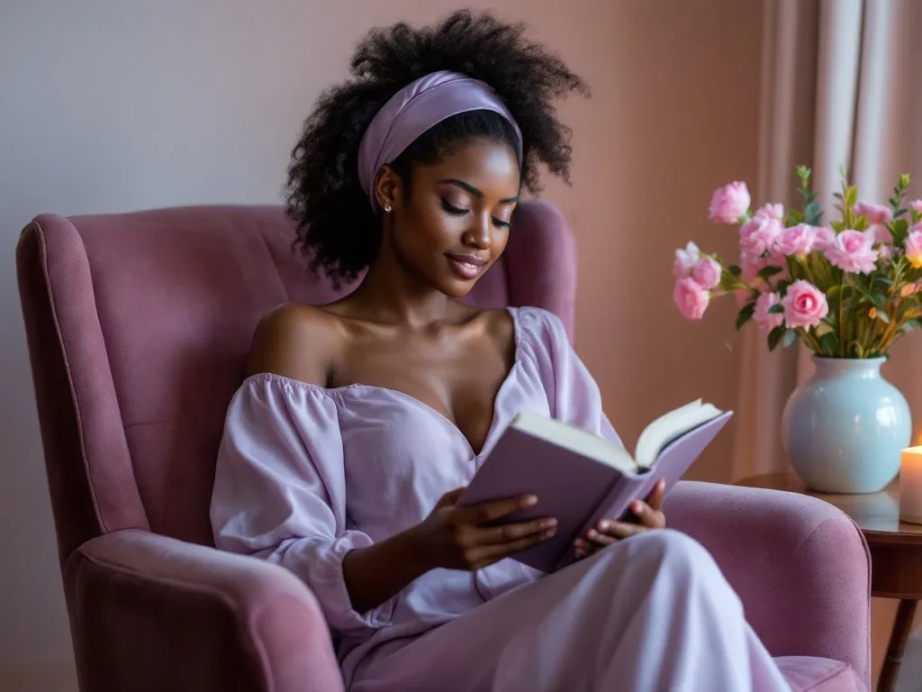 A woman in a lavender outfit and matching headband relaxes in a pink chair, reading a book.