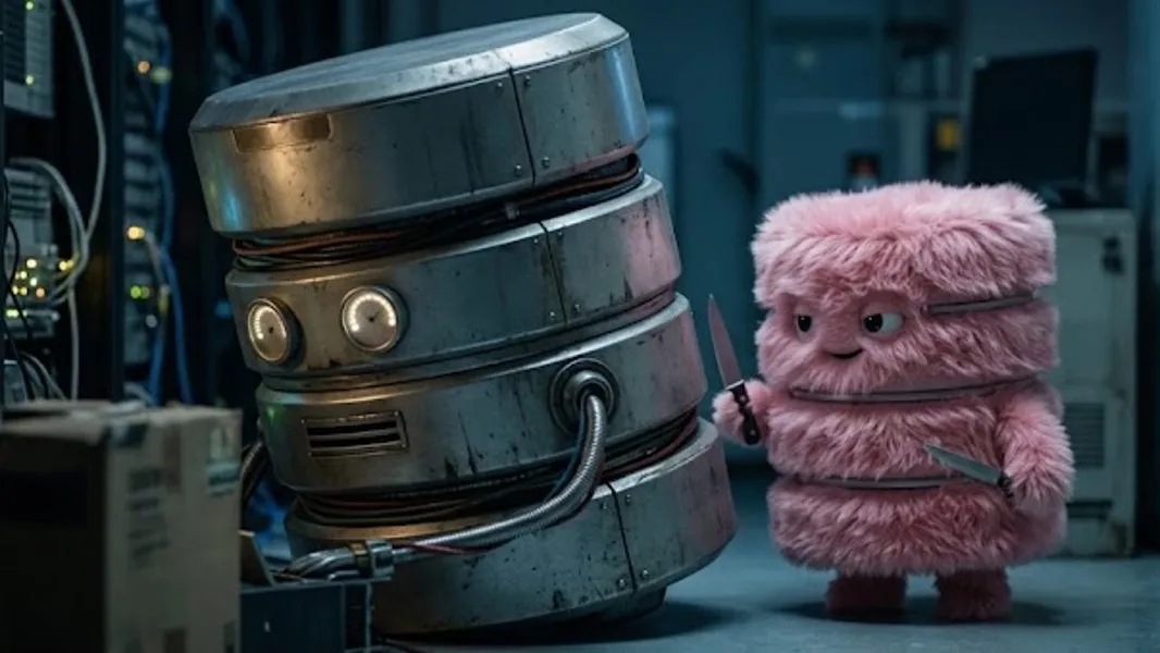 A pink fluffy read replica sneaks up on its larger metallic primary database with a knife.