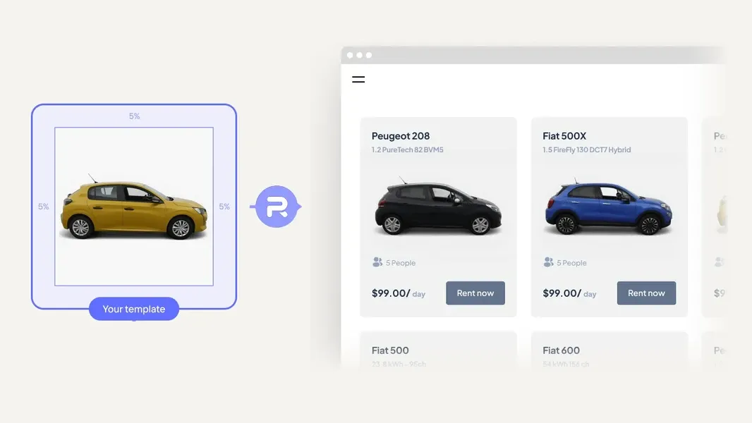 Image comparing a yellow car template on the left with a rental car website on the right, featuring Peugeot and Fiat models at $99/day.