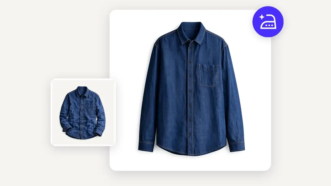 Wrinkled denim shirt thumbnail beside the same shirt ironed smooth on a white card, with an AI ironing button