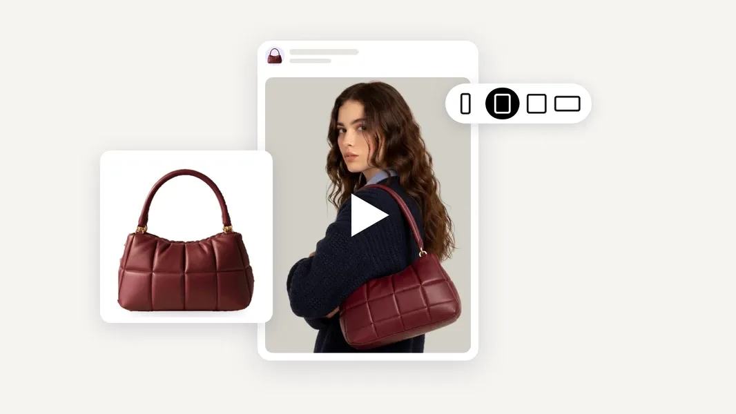 Burgundy quilted handbag product shot beside a social video ad of a model carrying it, with a play button and video format options