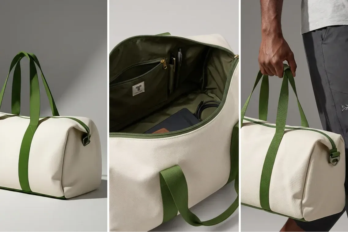 Collage of a beige duffel bag with green straps, showing its exterior, spacious interior with pockets, and a hand holding it.