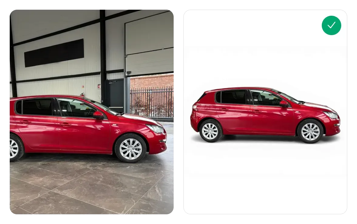 Side-by-side images of a red hatchback car, left showing it indoors on a dark floor, right showing it against a plain white background.