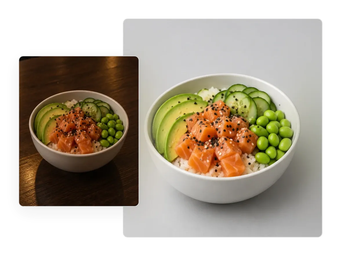 Poke bowl for a delivery menu shot in a dim restaurant, next to the same bowl relit in even studio light