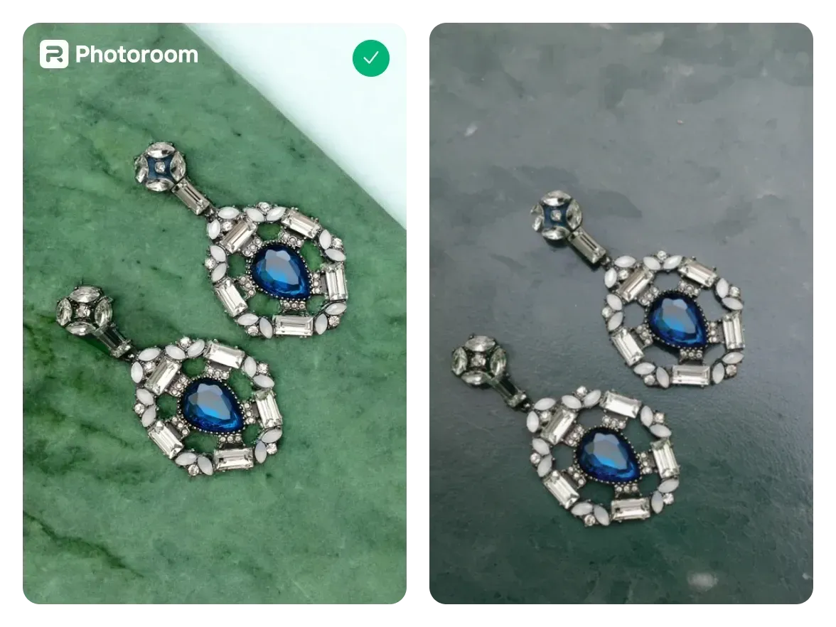 Before and after shot of earrings with background generated by Photoroom, featuring the Photoroom logo to demonstrate attribution