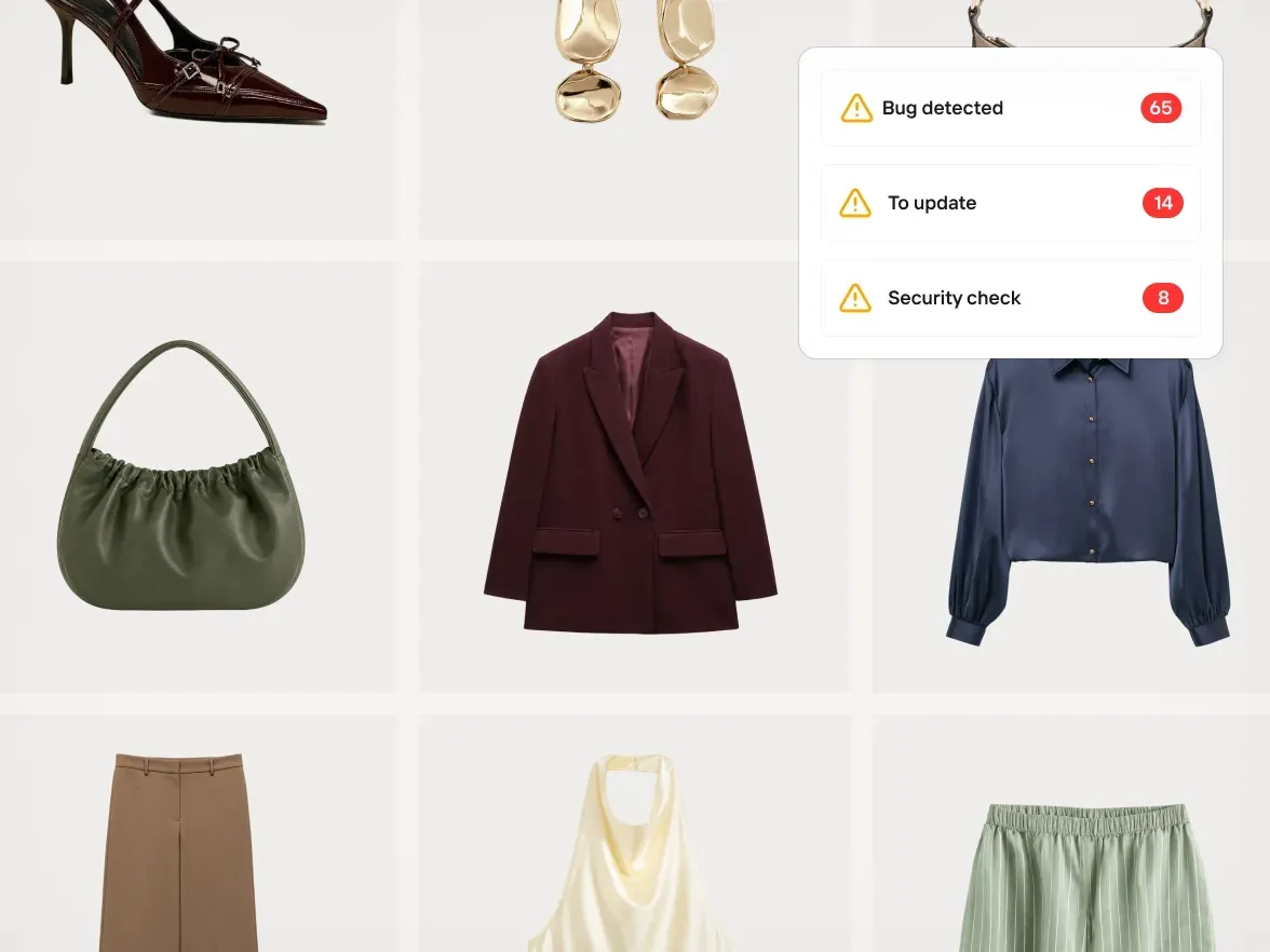 Grid display of fashion items including shoes, earrings, bags, clothing; overlay with notifications for bugs, updates, and security checks.