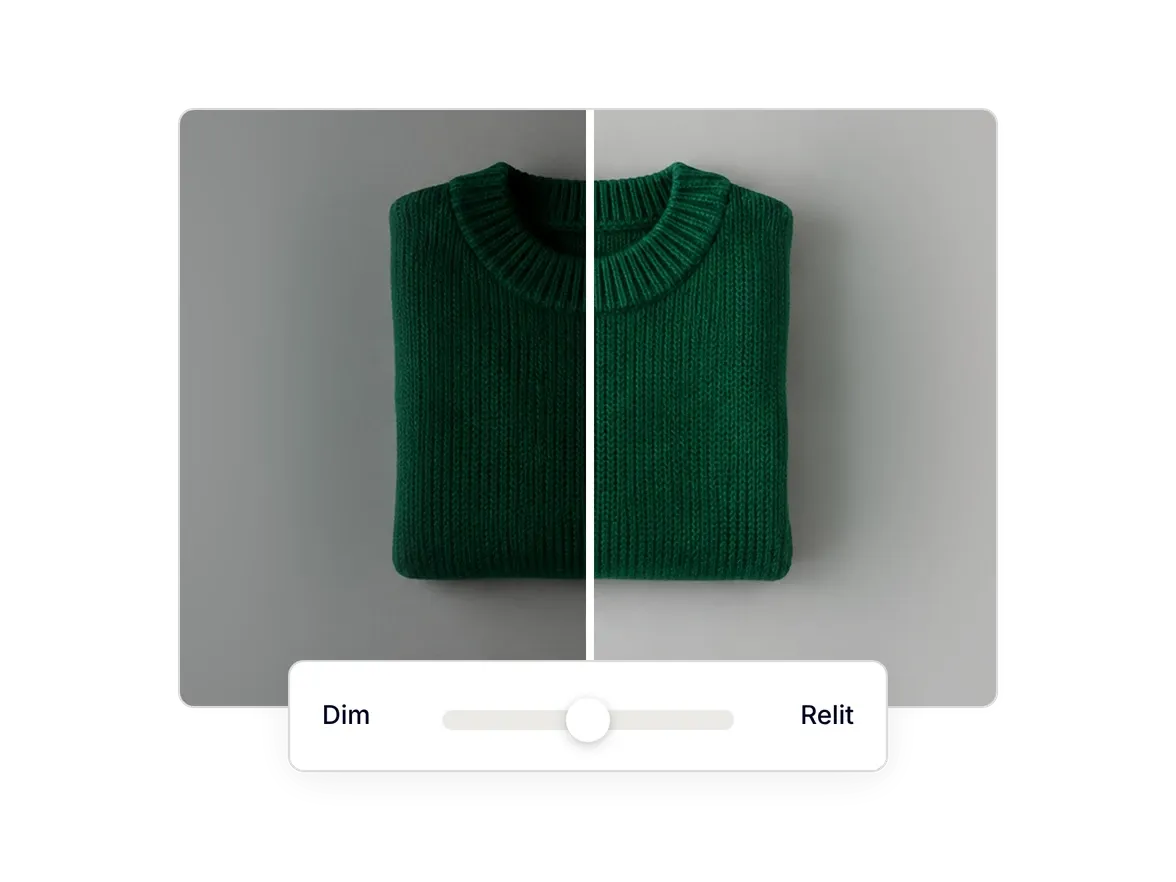 Green sweater split in two: dim on the left, relit on the right, with the same green on both sides