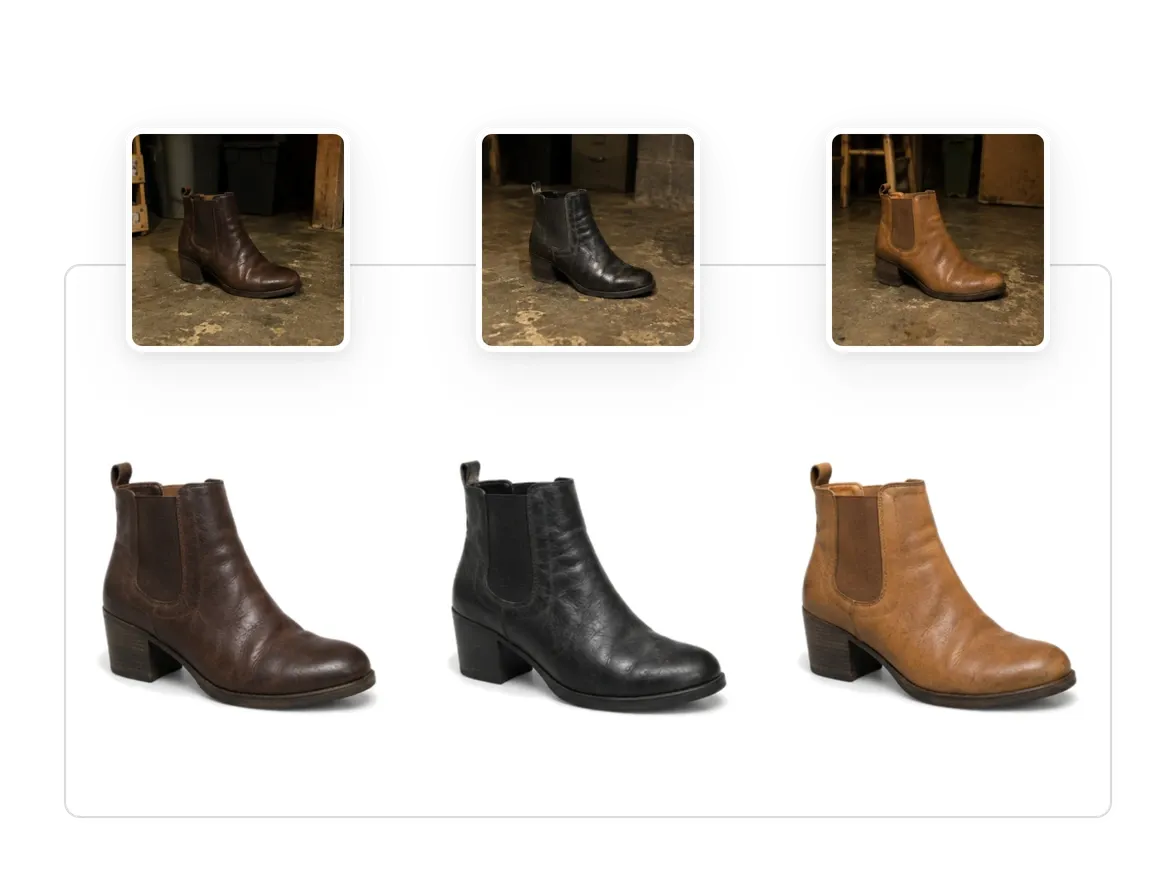 Three leather boots shot in a dim back room, each returned relit and cut out on white in one batch