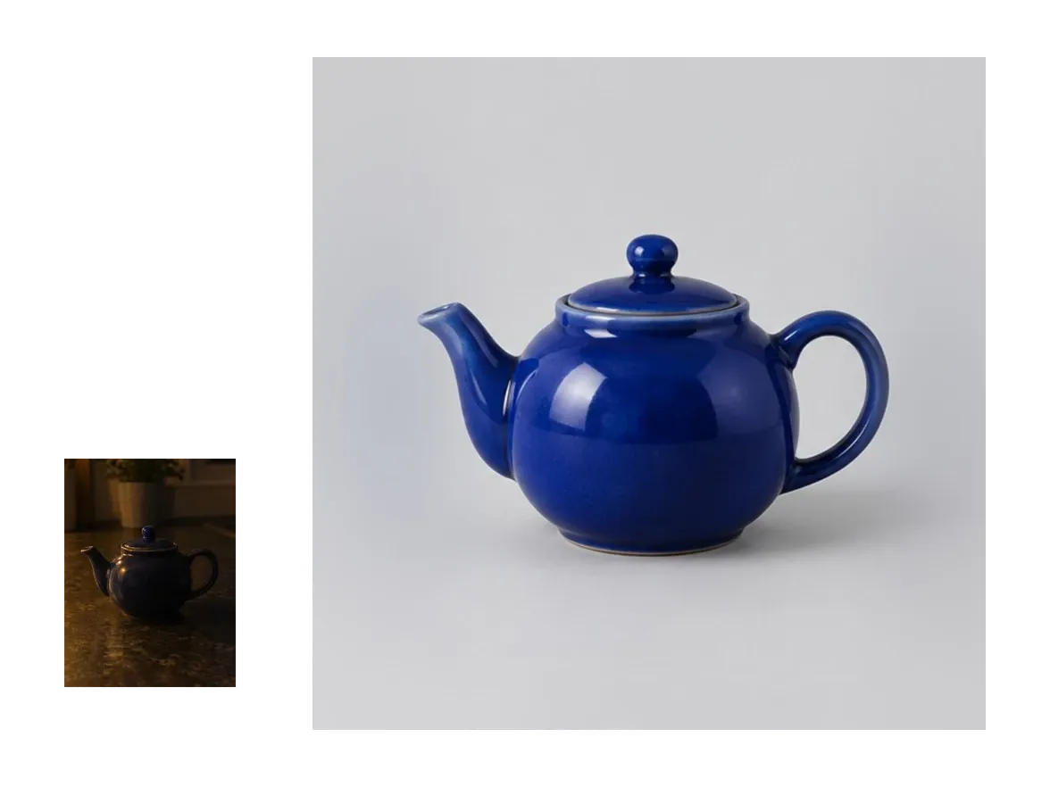 Blue teapot before and after relighting: a dim, yellow-cast kitchen photo becomes an evenly lit studio shot