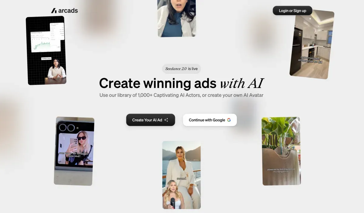 Advertisement for Arcads showcasing AI-generated ads and avatars, with images of professionals. Prompts to create AI ads and sign up.
