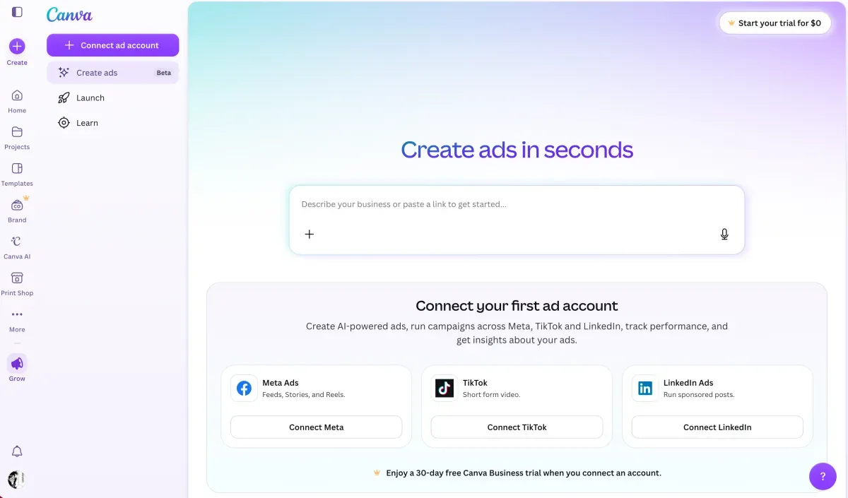 Canva interface for ad creation, featuring options to connect ad accounts with Meta, TikTok, LinkedIn, and a trial offer.