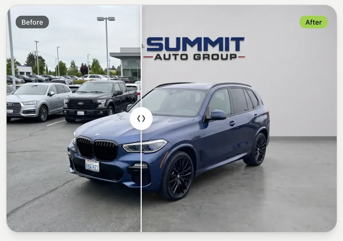 Split image of a blue BMW SUV; left side shows it outside in a parking lot, right side shows it indoors at Summit Auto Group showroom.