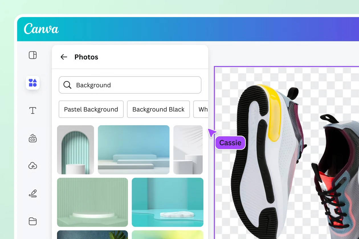 Canva image editing interface showing background removal on a pair of sneakers.