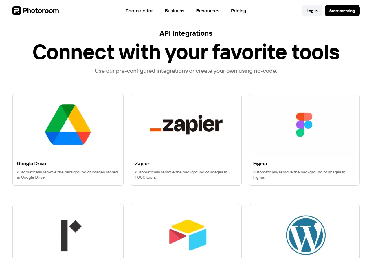 Photoroom integrations page highlighting tools like Google Drive, Zapier, and WordPress.