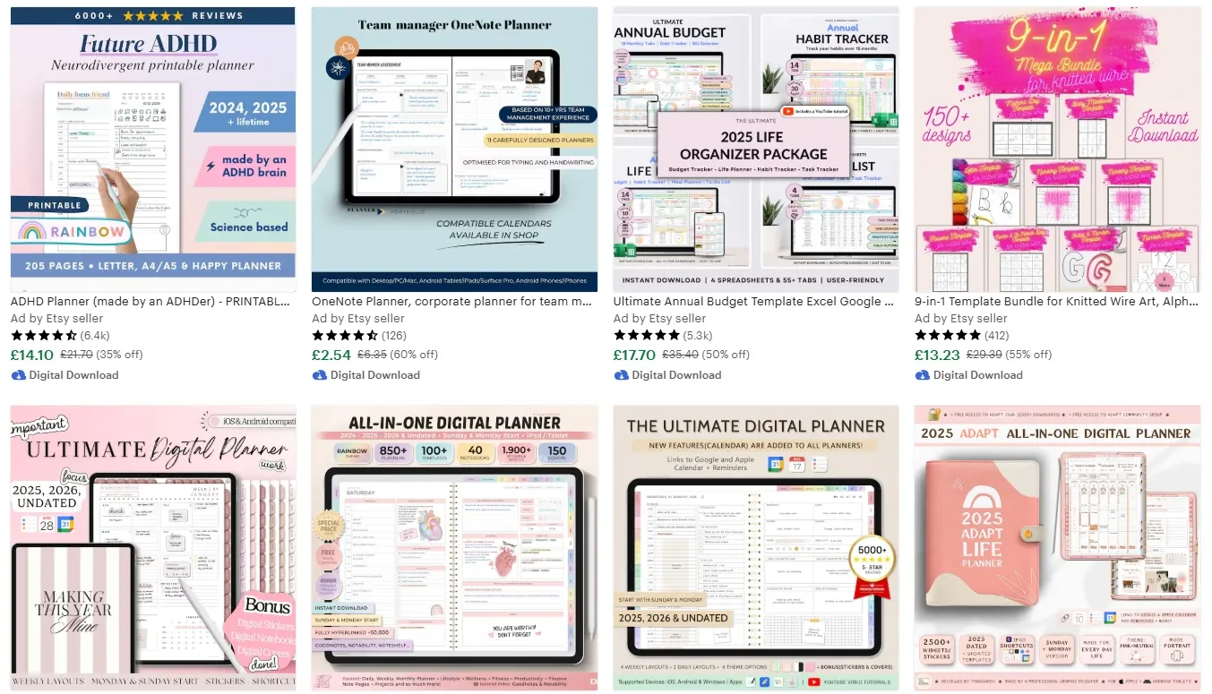 Digital planners and templates for ADHD, budgeting, productivity, and organization on Etsy.