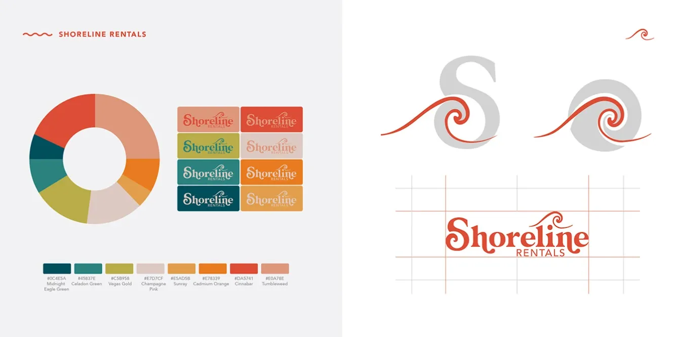 Shoreline Rentals brand identity featuring a color palette, logo variations, and design grid details.