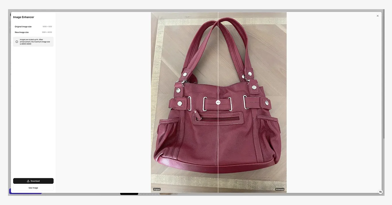 A photo editing interface displaying a burgundy leather handbag with multiple pockets and silver accents, featuring two shoulder straps, displayed on a wooden surface with before and after image enhancement displayed.
