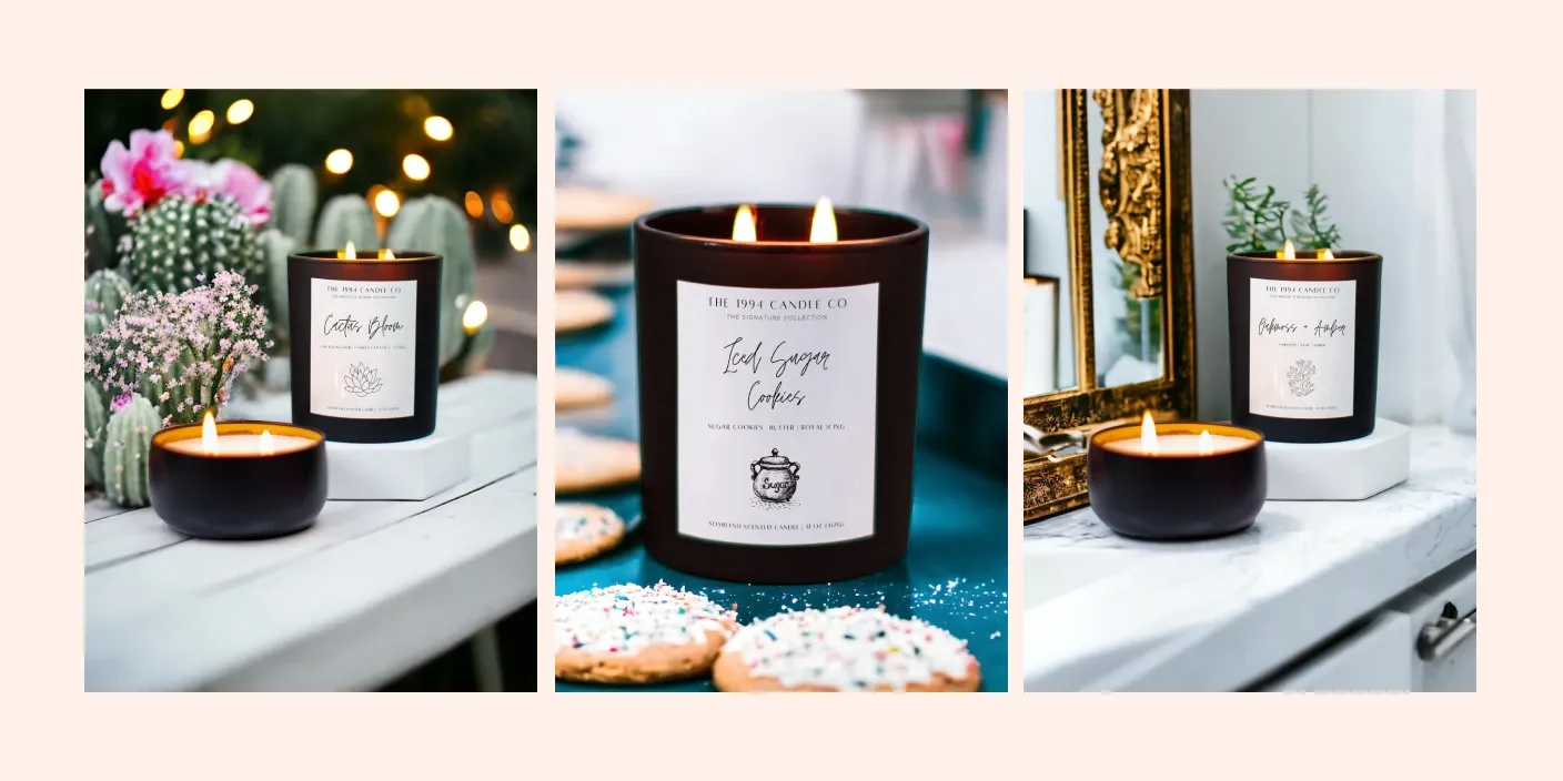Three styled candle product shots featuring cozy, festive, and modern aesthetics for display.