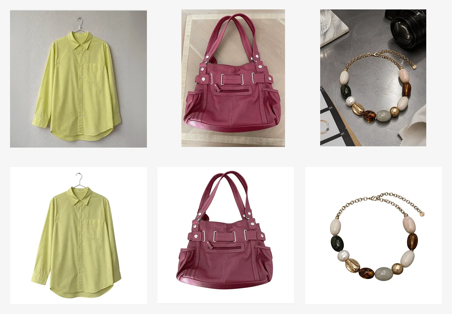 A yellow shirt, a pink handbag, and a beaded necklace with multicolored stones shown in two rows: one with different backgrounds and sizes, the other with the same background and in the same size.