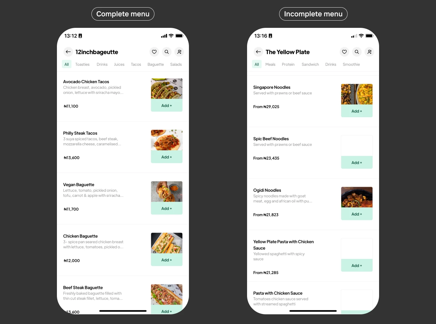 Two smartphone screens showing restaurant menus: "Complete menu" with diverse items, "Incomplete menu" with fewer options, both featuring images and prices.