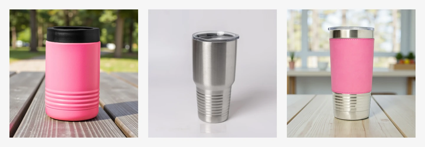 Three insulated tumblers: a pink one with a black lid outdoors, a silver one indoors, and a pink-silver one with a lid on a wooden table.