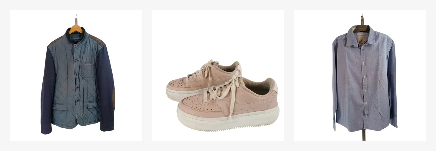 Three items on white background: quilted jacket with navy sleeves, pale pink platform sneakers, and a gray long-sleeve button-down shirt.