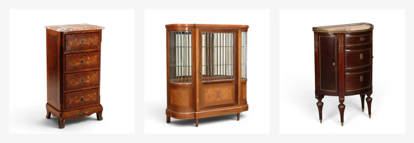 Three antique wooden cabinets with ornate designs: a tall chest of drawers, a glass display cabinet, and a half-moon console table.