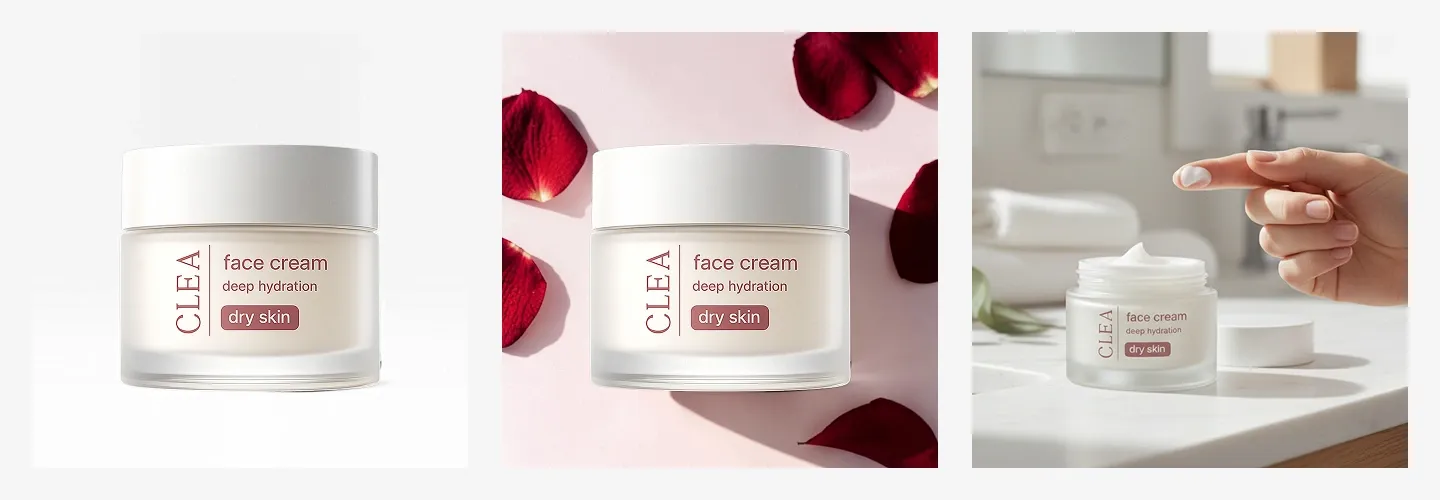 Three images of CLEA face cream for dry skin: a jar, jar with rose petals, and hand applying cream by a sink.