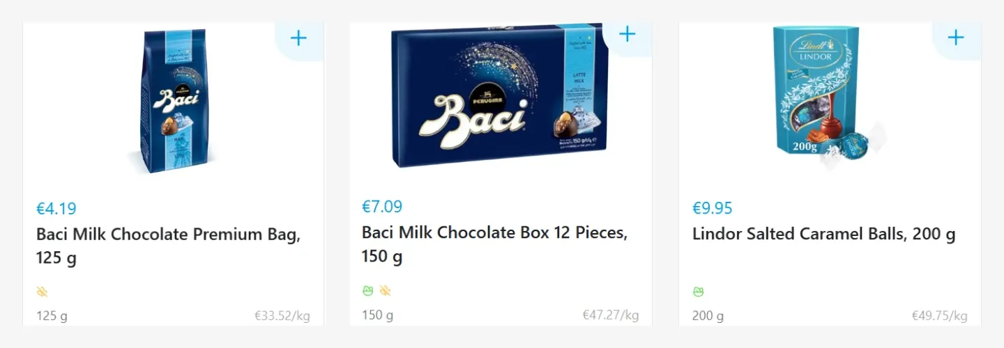 Three chocolate products: Baci Milk Chocolate Bag 125g (€4.19), Baci Box 12 Pieces 150g (€7.09), and Lindor Caramel Balls 200g (€9.95).