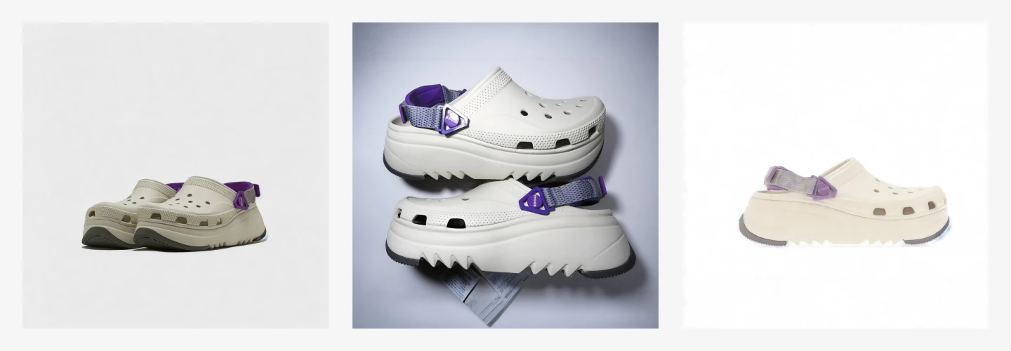 Three beige crocs with purple straps shown under varied lighting to highlight color and tone differences.