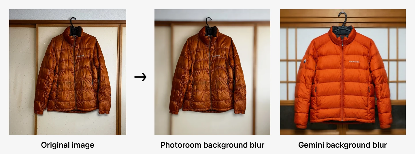 orange jacket shown on original wall, then with photoroom blur and gemini blur for background cleanup