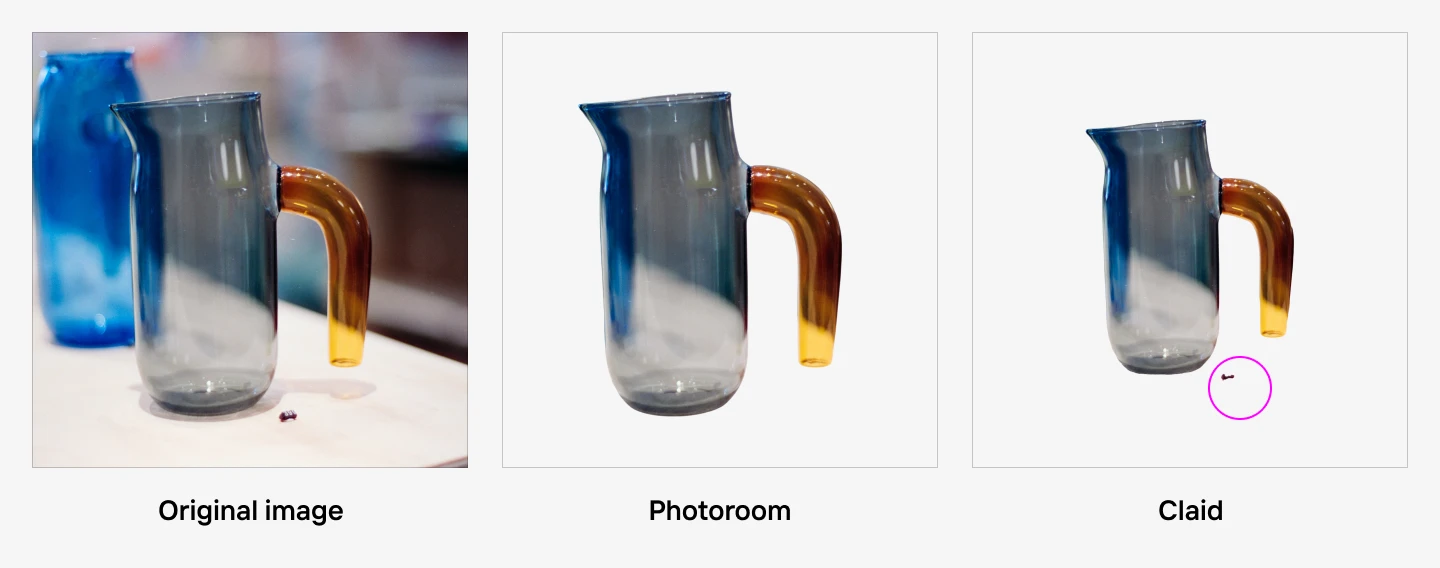 Three images of a translucent blue pitcher with an amber handle on a white background. Left: original, Center: edited in Photoroom, Right: edited in Claid.