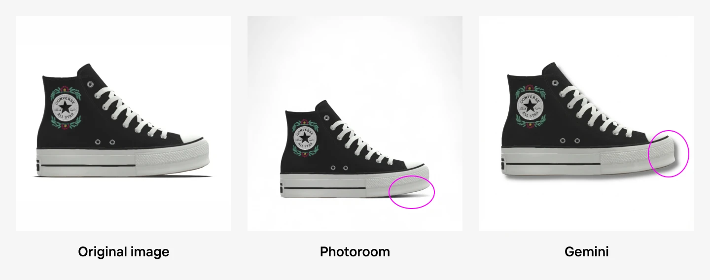 original sneaker vs photoroom and gemini edits showing different shadow results