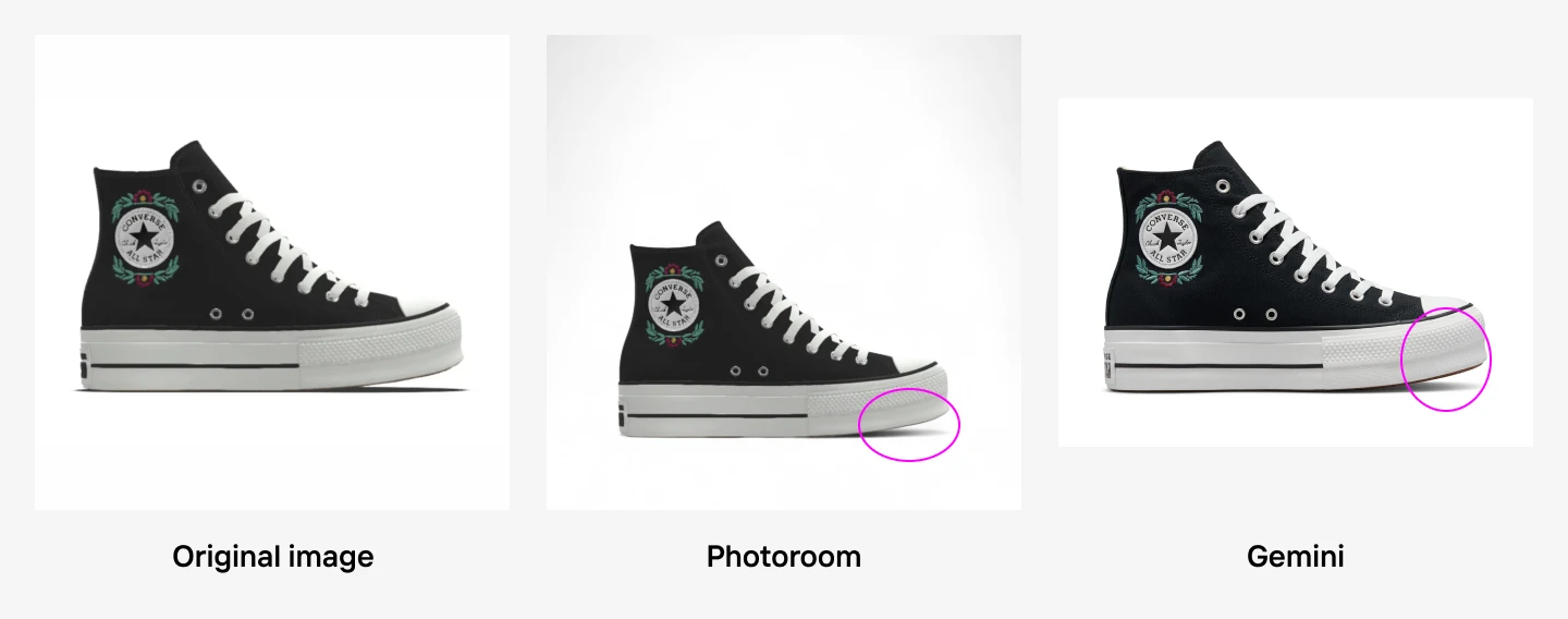 original sneaker vs photoroom and gemini edits showing different shadow results