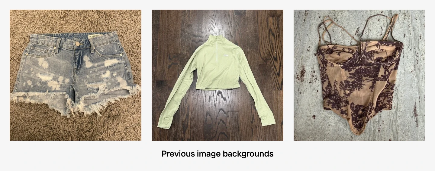 three clothing items photographed on carpet, wood floor, and stone, showing inconsistent backgrounds