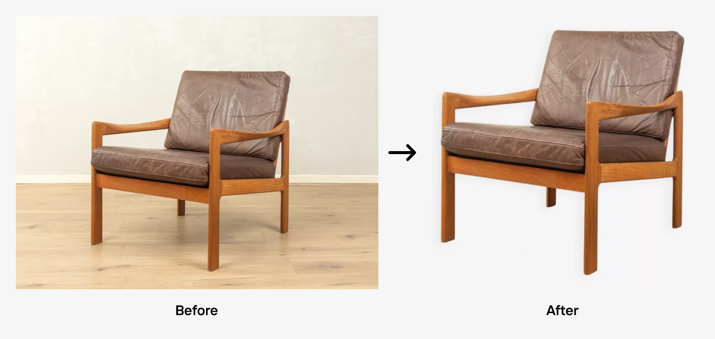 Brown leather armchair with wooden frame shown before on natural floor and after on white backdrop.