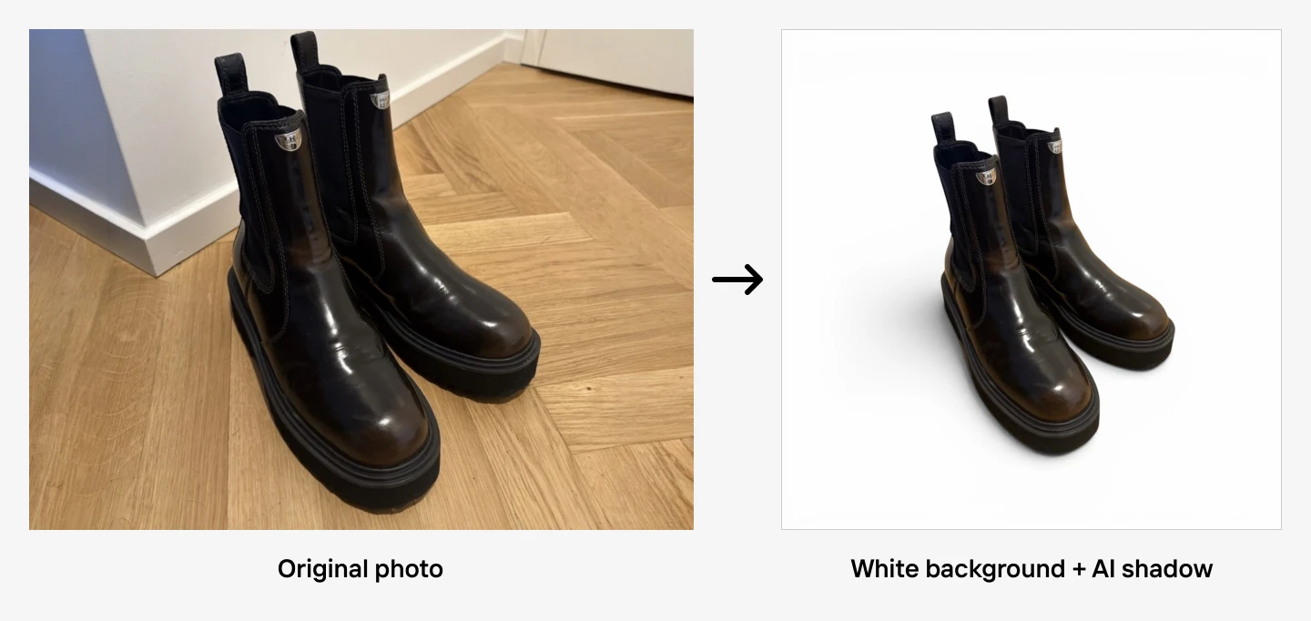 Comparison of boots on a wooden floor versus the same boots with a white background and AI-generated shadow.