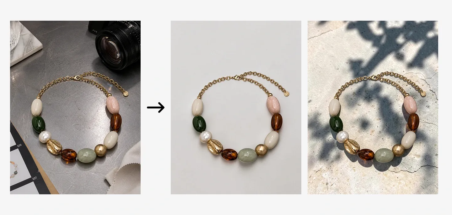 Colorful beaded necklace with a gold chain, shown on a metal surface, plain background, and stone surface with shadows.
