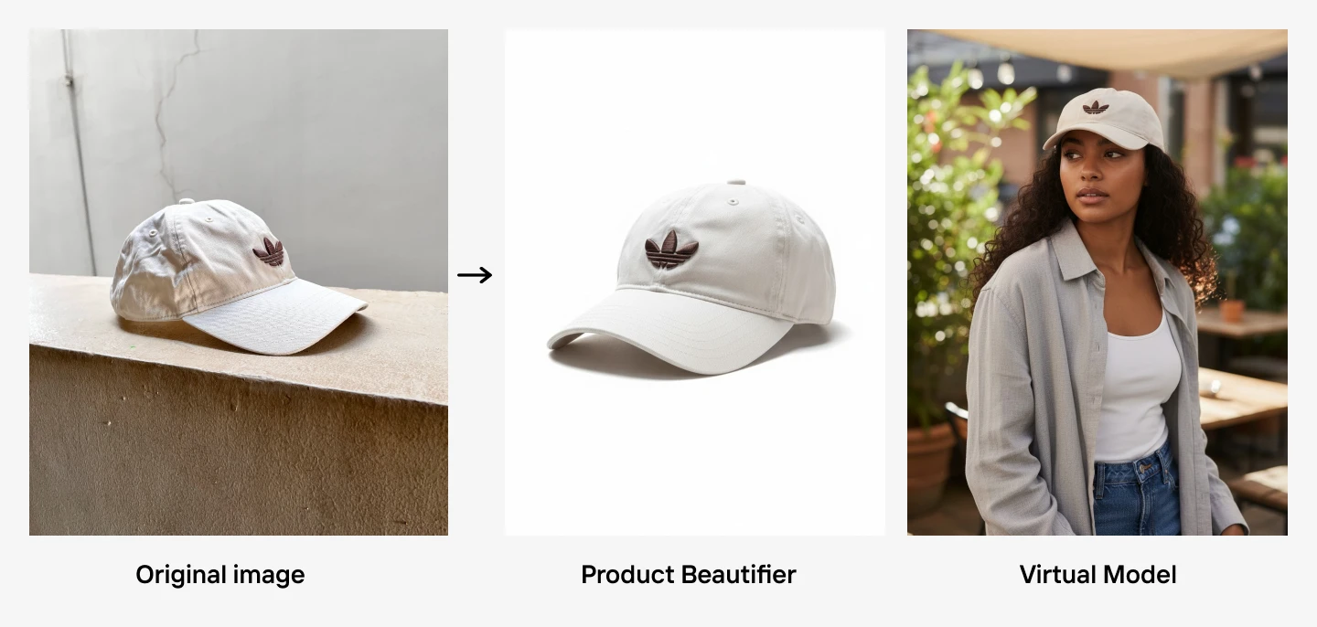 Three-panel: baseball cap on a ledge; same cap isolated on a white background; woman modeling the cap outdoors.
