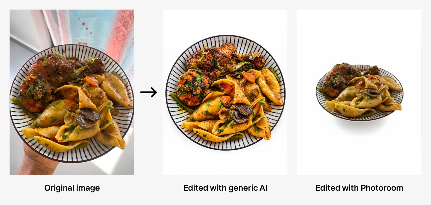 Three versions of the same pasta dish on striped plates, showing the original, AI-edited, and Photoroom-edited images, with varying backgrounds.