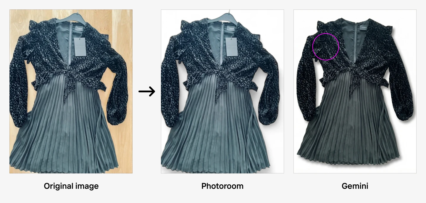 original dress vs photoroom and gemini edits showing background and edge differences