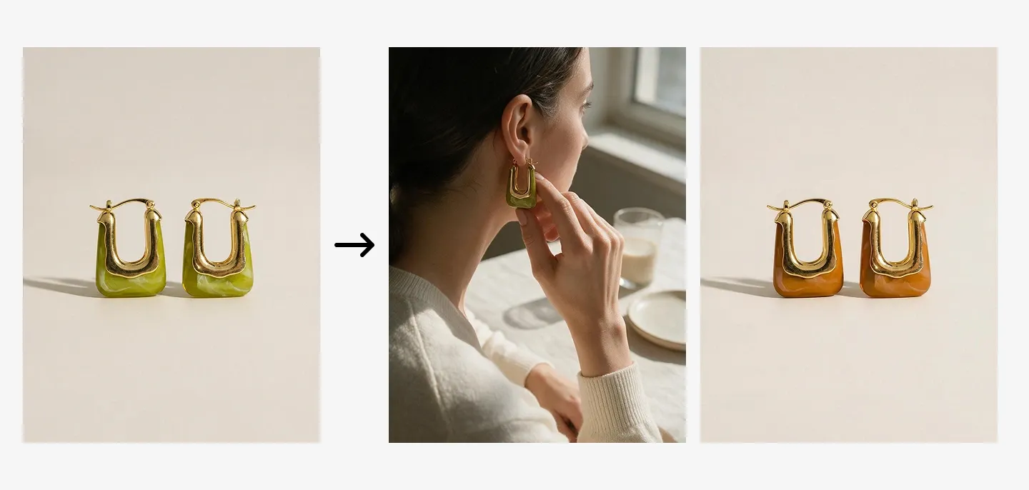 Two pairs of U-shaped earrings in green and brown with gold accents, shown with a person wearing the green pair indoors.