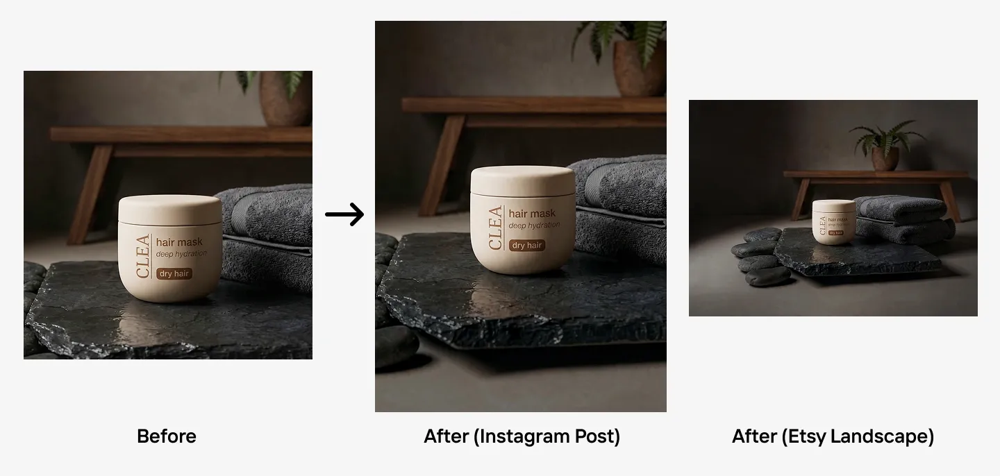 Three images of a hair mask jar labeled for dry hair on a dark stone surface with stacked towels and a plant in the background, showing different compositions.