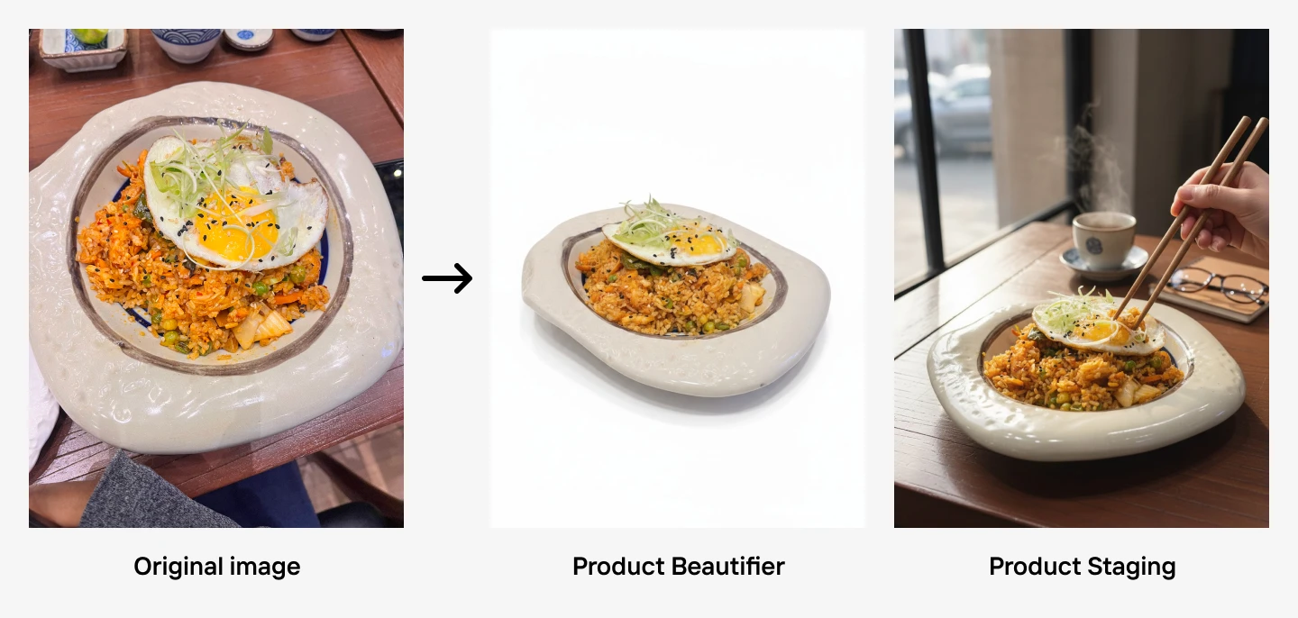 Three stages of food presentation: original dish, isolated with enhanced colors, and styled with hand using chopsticks.