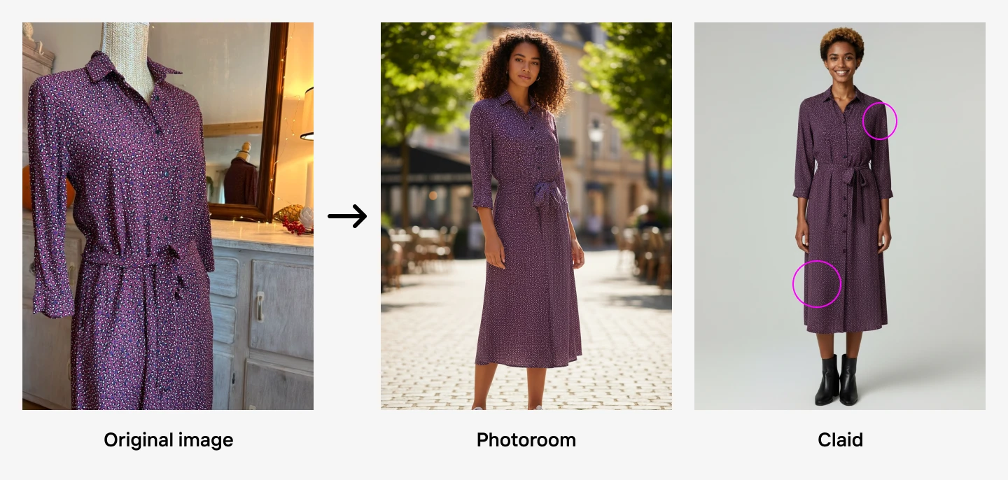 dress shown as original photo, then on photoroom and claid AI models