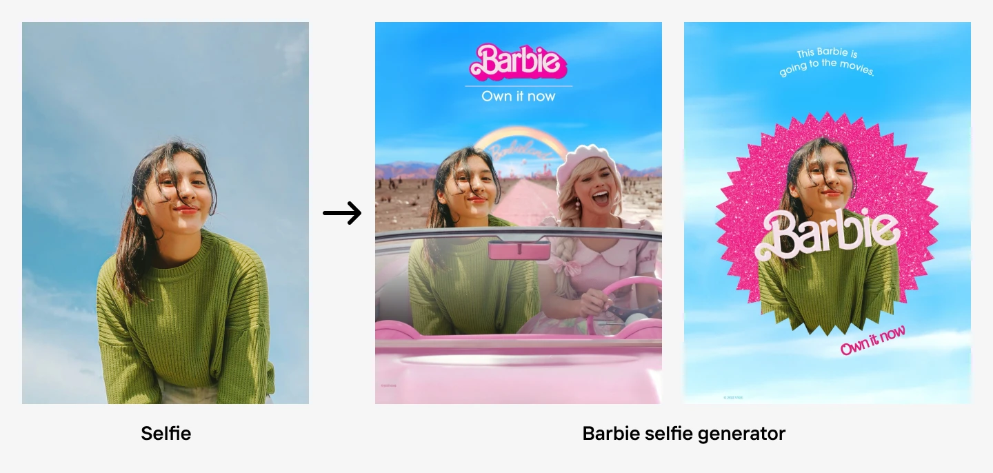 Three-panel image: A woman in a green sweater, then digitally placed with Barbie in a pink car, and finally in a pink starburst frame with "Barbie, Own it now."