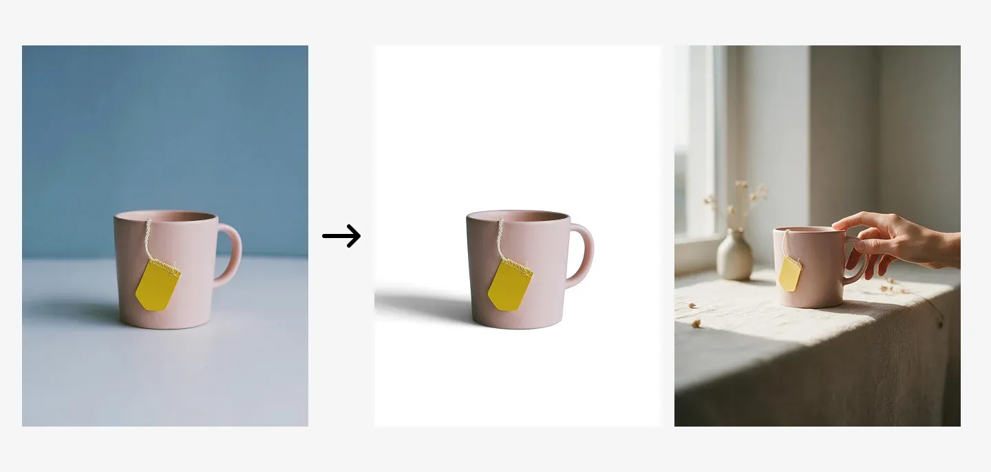 A sequence shows a pink mug with a yellow teabag in various settings: a plain background, white background, and near a window with a hand holding it.