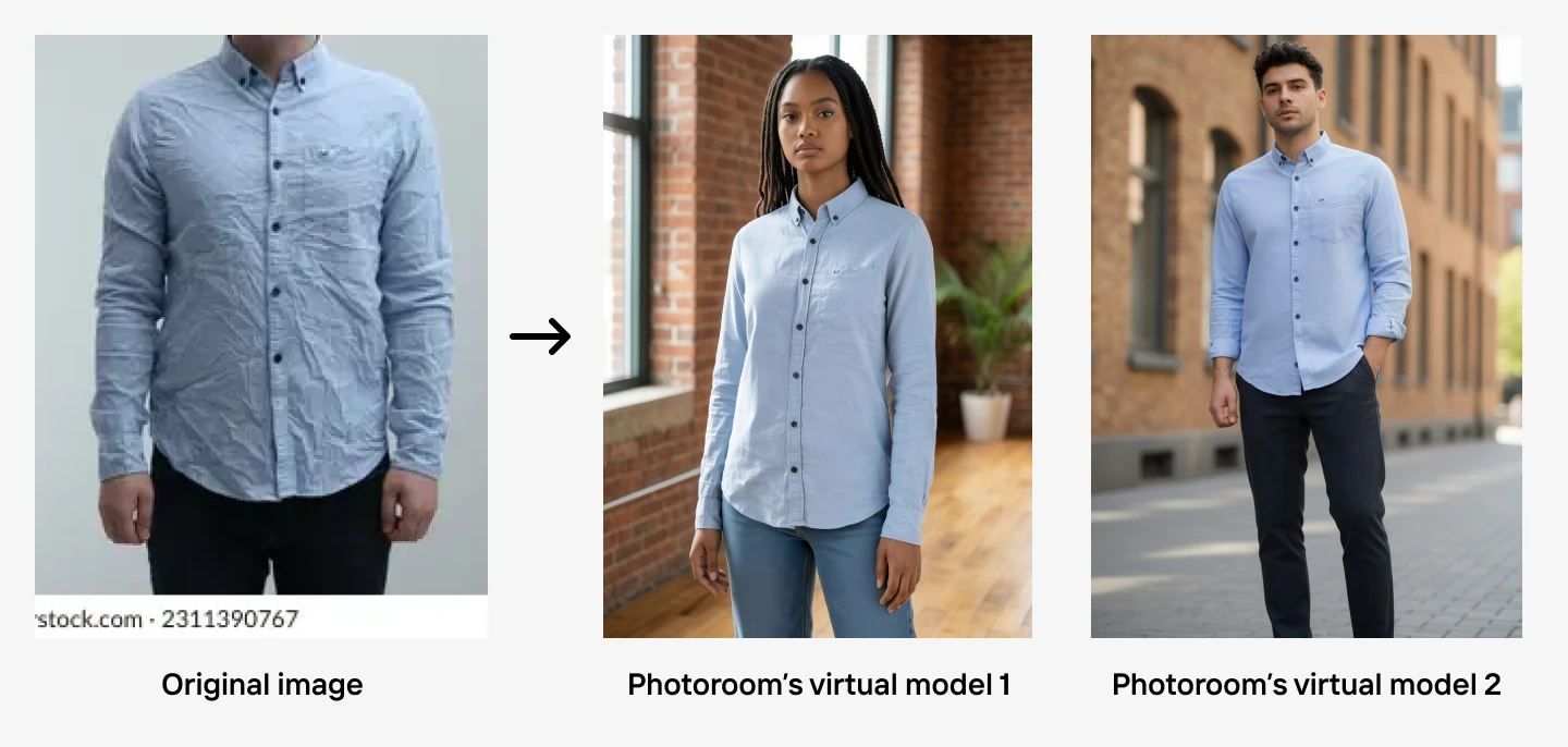 Composite image: Left, standalone blue shirt. Middle and right, two models wearing the shirt in urban settings, labeled as virtual models.